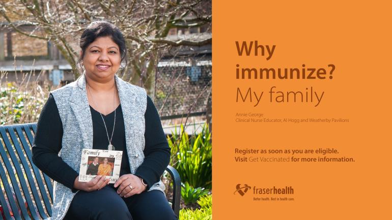Image of Annie George sitting on a chair with a picture frame with a picture of her family. Text on right side states that her family is the reason she chose to be immunized