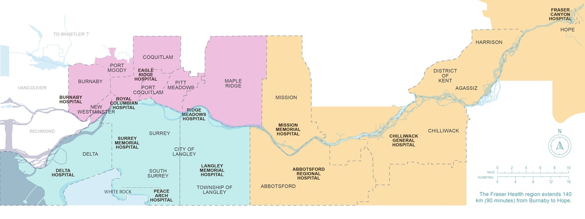 Regional map of of the Fraser Health region by Integrated Health Service Areas