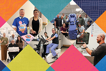 Health care photo collage of grateful patients and care teams, formatted like a patchwork quilt in diamond shapes